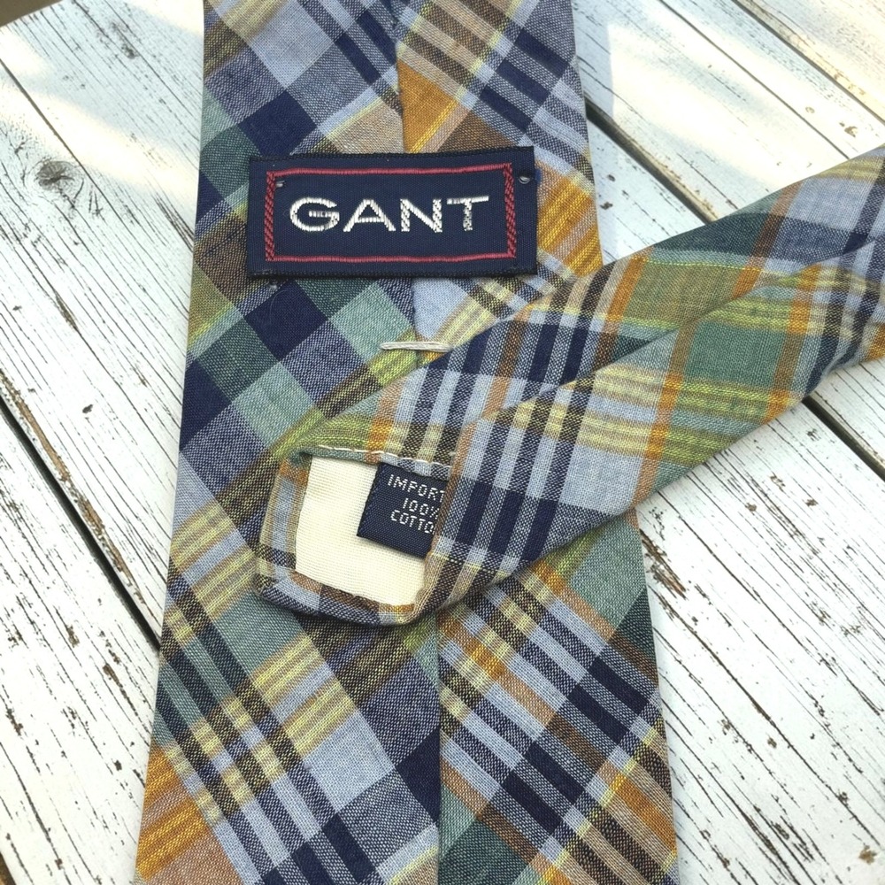 Vintage Plaid Tie 100% Cotton 3.25x56" Green Blue Multi Madras Style Necktie